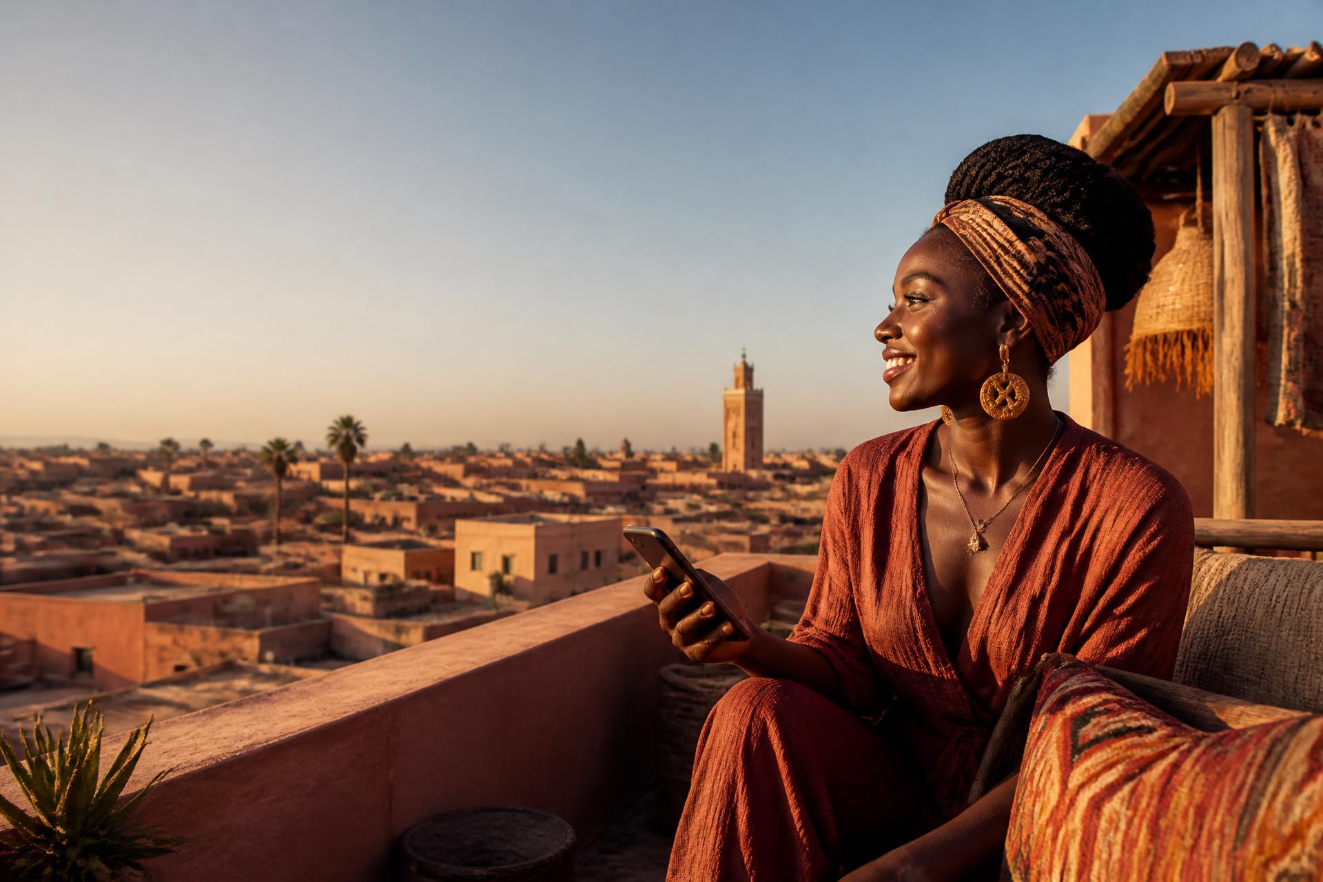 African traveller using Weettah on a rooftop in Marrakech